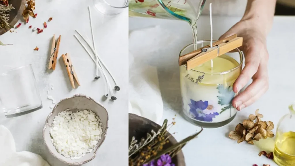 Đổ hỗn hợp vào lọ thủy tinh, đặt bấc nến ở chính giữa và để yên đến khi cứng lại.